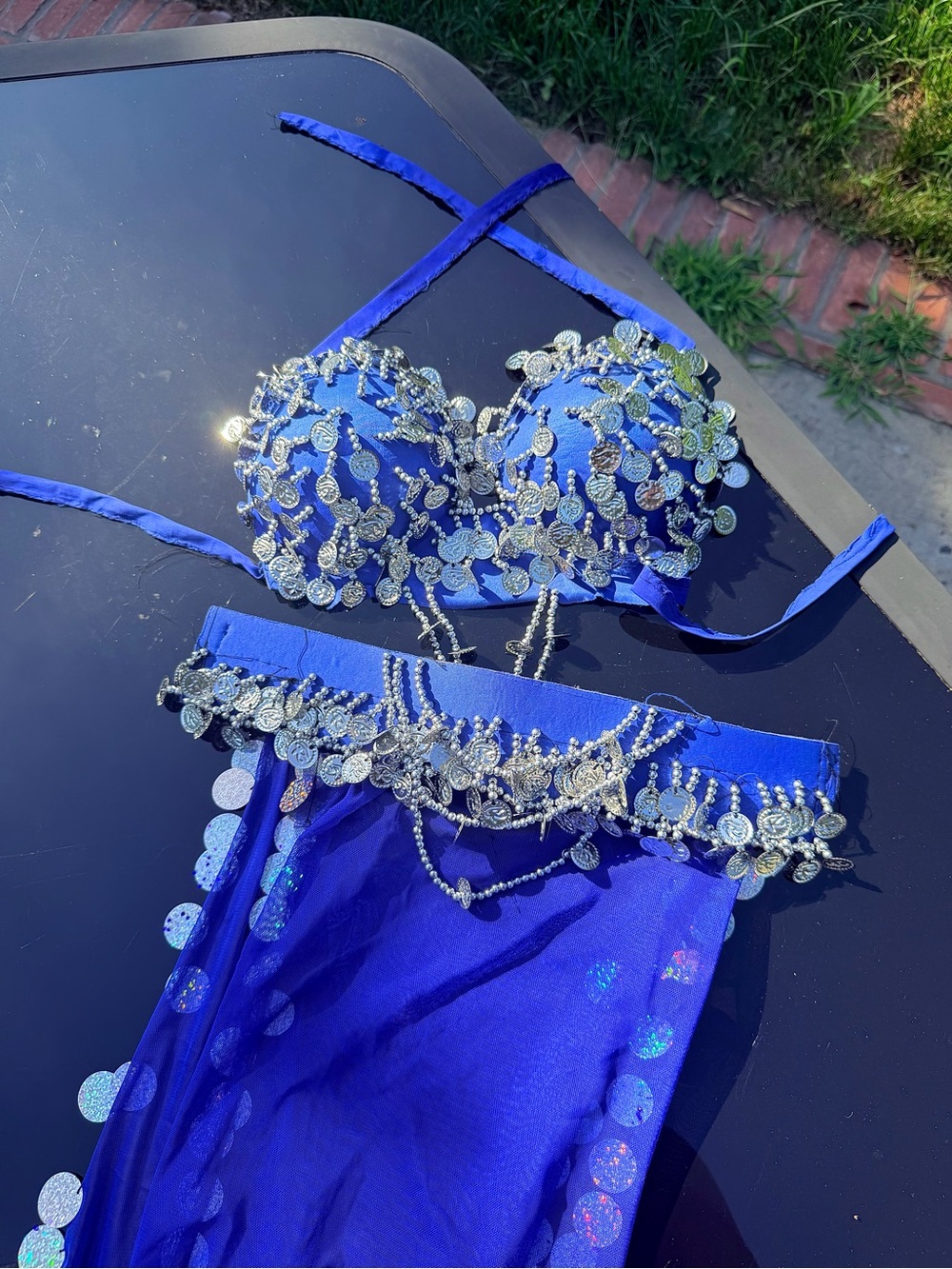 Two piece Egyptian belly dance outfit royal blue and silver